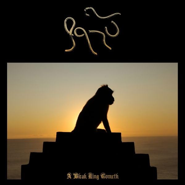 A monkey silhouette sits atop stone steps against a sunset over the ocean.