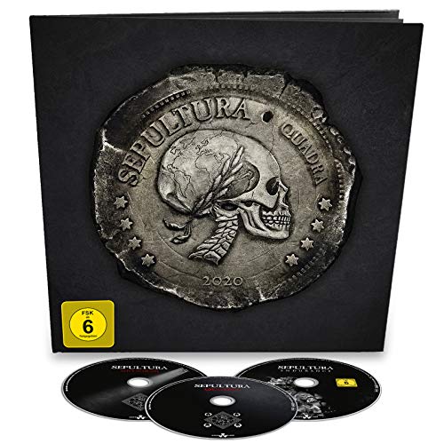 "Black CD box with skull design and three discs on a white background."