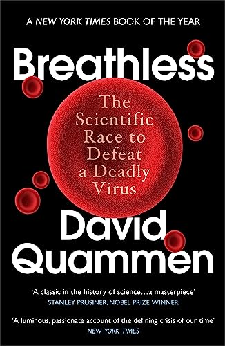 Book cover: “Breathless” by David Quammen, with red virus imagery.