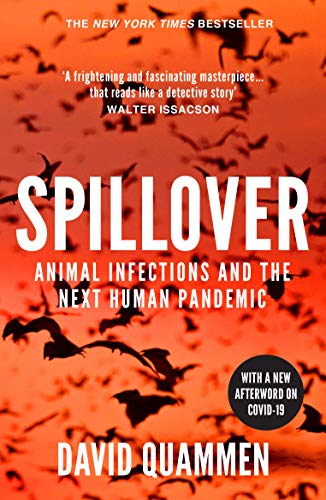 Book cover of Spillover by David Quammen featuring silhouettes of bats against orange sky.