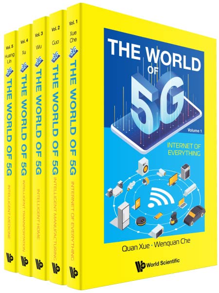 Five yellow and blue books titled "The World of 5G" stacked together.