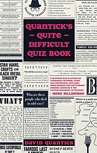 Book cover with pink title text on a black background surrounded by quiz questions.