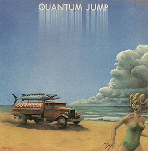 "Album cover featuring a woman, truck, and fish on a beach with 'Quantum Jump' text."