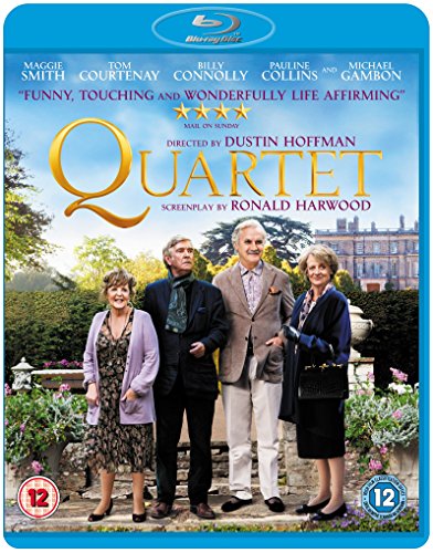 Blu-ray cover for the film Quartet featuring four older actors standing in a garden.