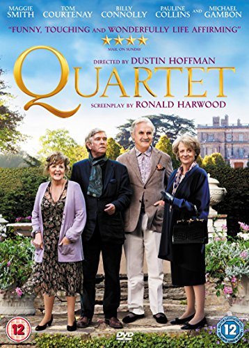 Four older actors stand in a garden in front of a large country house.