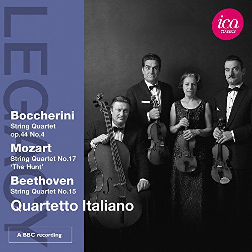 "CD cover featuring Quartetto Italiano string quartet in formal attire holding their instruments."