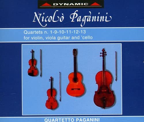 CD cover for Paganini’s quartets featuring violin, guitar, and cello illustrations.