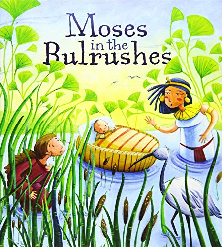 Baby Moses in a basket among reeds, observed by a woman and girl.