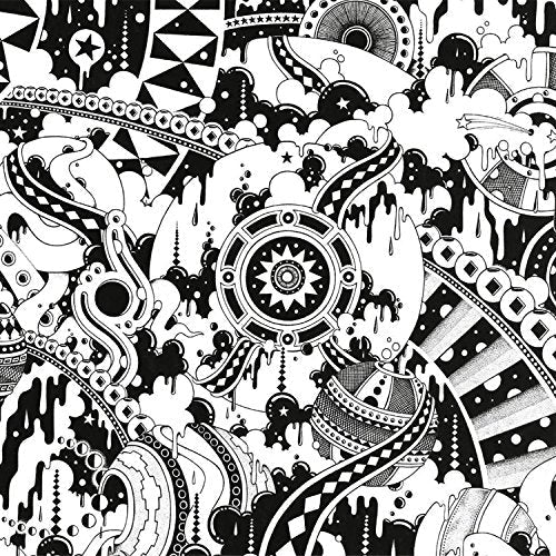 Black and white abstract illustration with geometric patterns, swirling shapes, and dripping ink motifs.