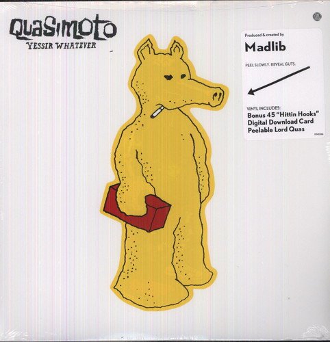 Quasimoto album cover: yellow animal figure with a red bag.