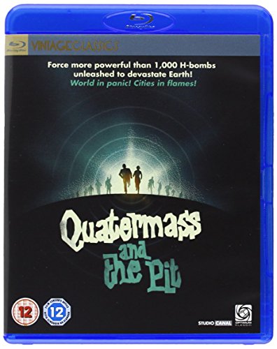 Blu-ray cover for "Quatermass And The Pit" with figures running towards light.