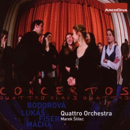 CD cover featuring a group of people in formal wear before red curtains.