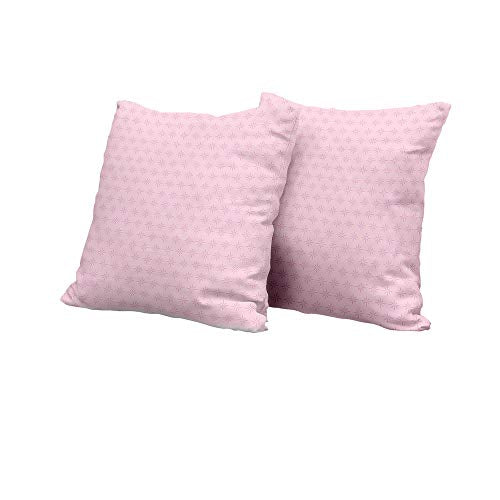 Two light pink patterned pillows stacked against a white background.