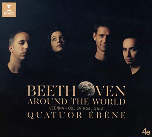 "CD cover featuring four musicians and the title 'Beethoven Around the World' with a globe."