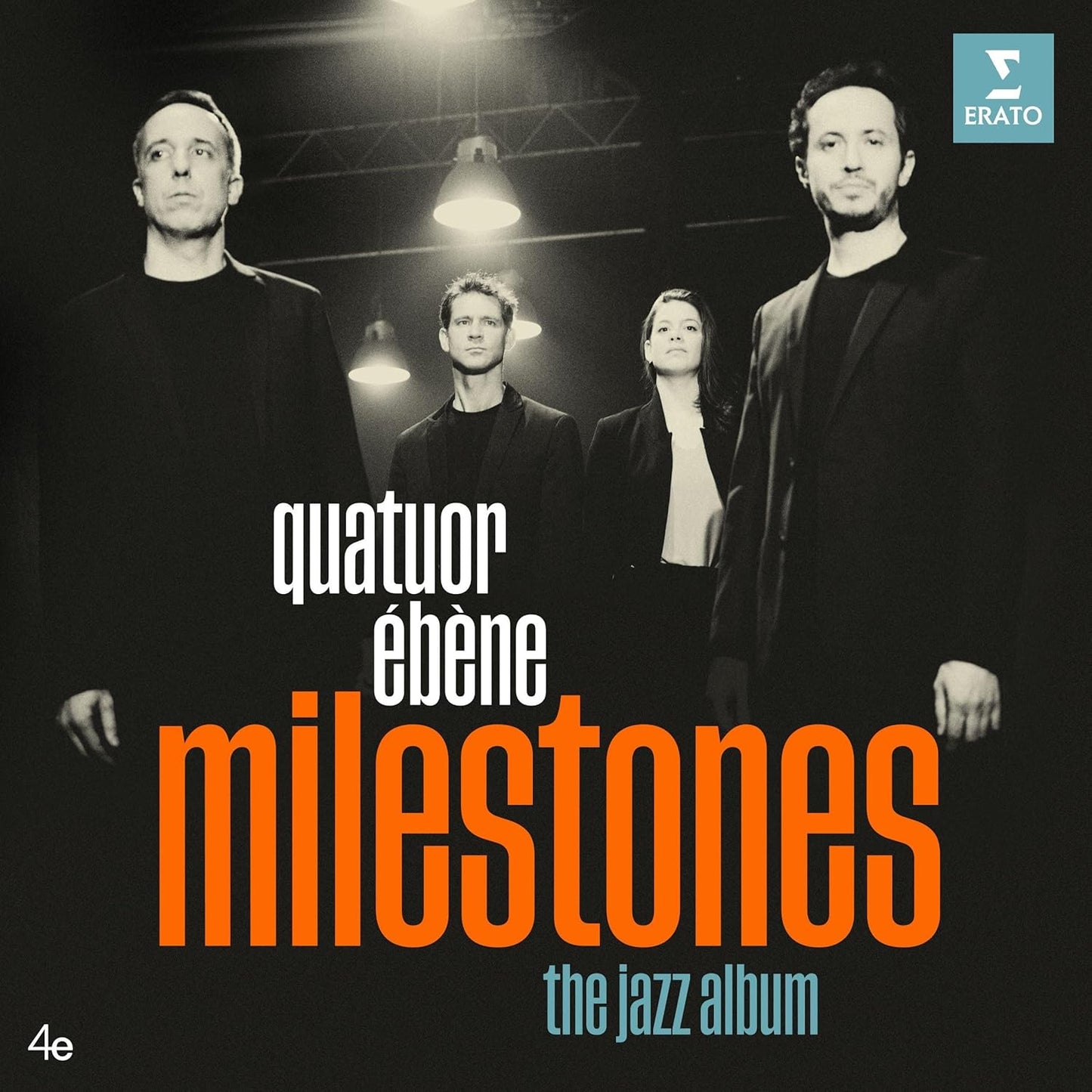 CD cover: Quatuor Ébène, four musicians in dark clothing, album title “Milestones”.