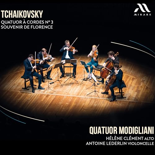 String quartet performing on stage, CD cover for Tchaikovsky’s Quartet No. 3.