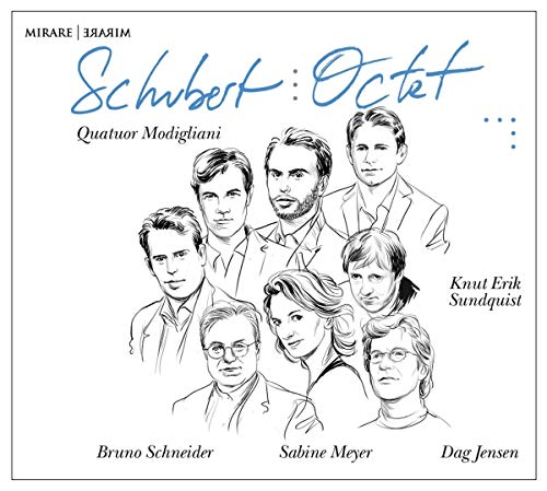 "CD cover featuring sketches of eight musicians with 'Schubert Octet' written in blue."