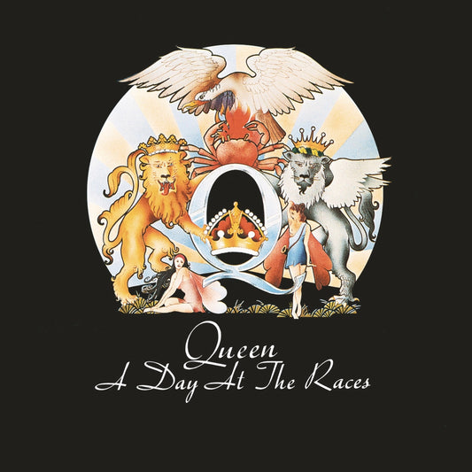 Queen album cover: eagle, lions, and figures around a crowned "Q".