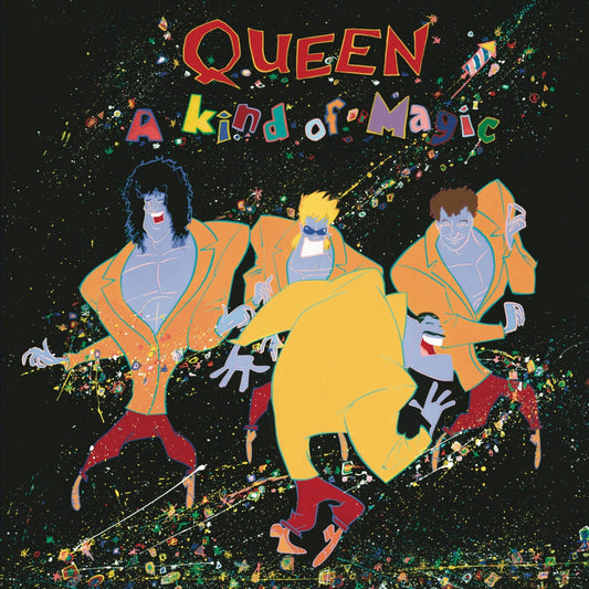 Album cover for Queen’s “A Kind of Magic” featuring illustrated band members.