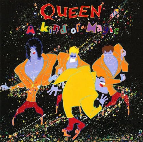 Queen’s “A Kind of Magic” album cover: illustrated band members in vibrant colors.