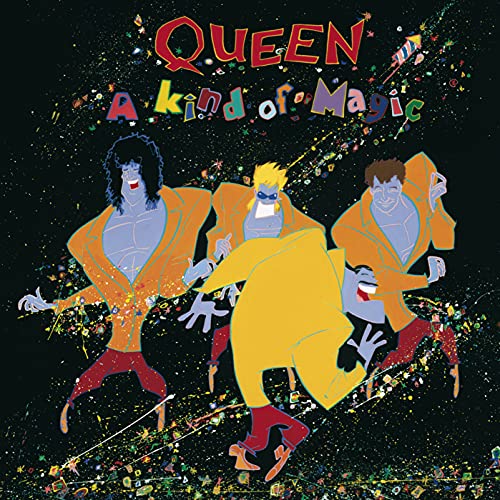 Queen album cover, “A Kind of Magic,” featuring illustrated band members.