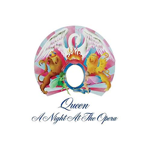 Queen’s “A Night At The Opera” CD cover with lions and a swan.