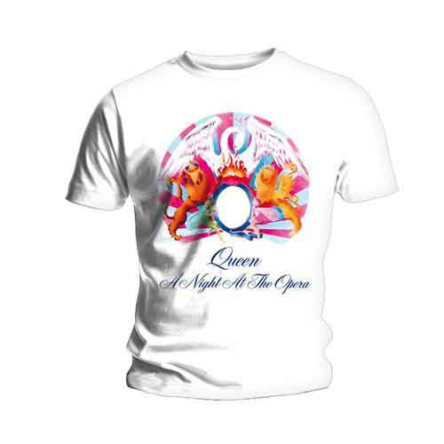 White t-shirt with colorful Queen "A Night at the Opera" album art.