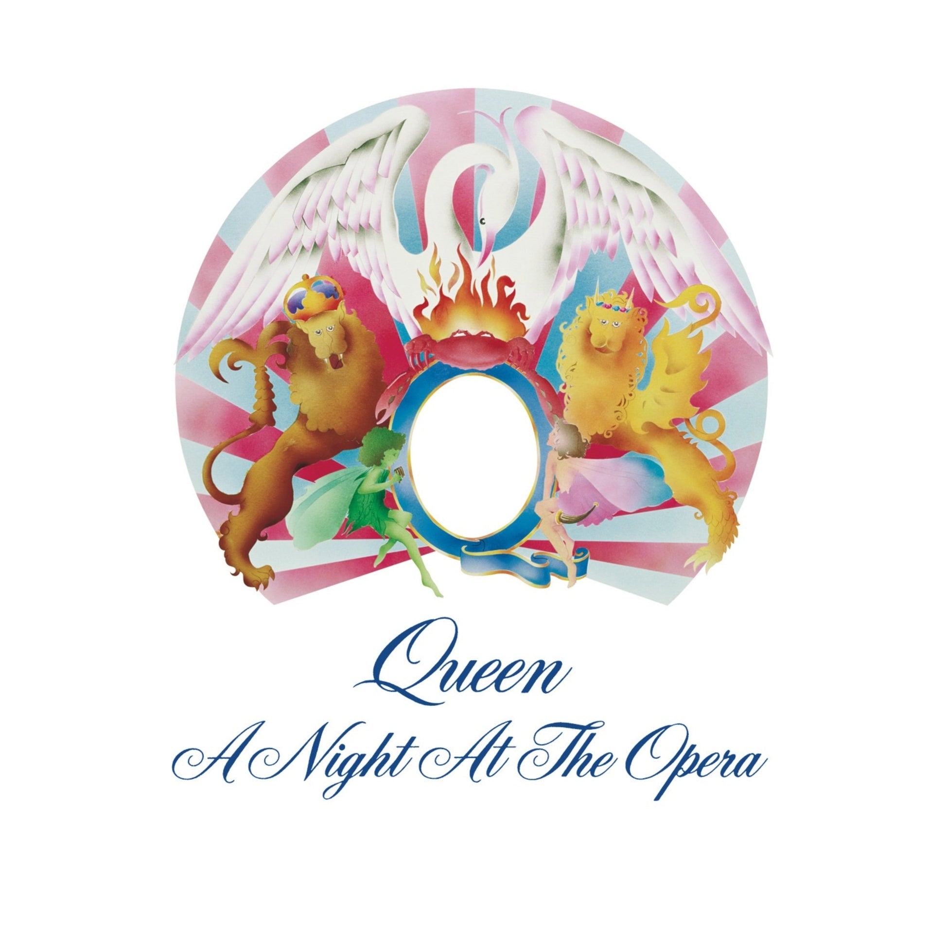 Album cover for Queen’s “A Night At The Opera” with lions and a fairy.
