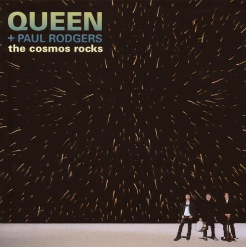 Album cover for Queen + Paul Rodgers’ “Cosmos Rocks” with three figures.