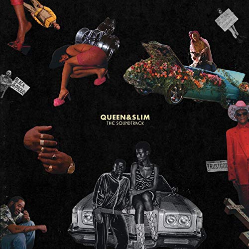 Queen & Slim" soundtrack CD cover with collage of figures and a car.
