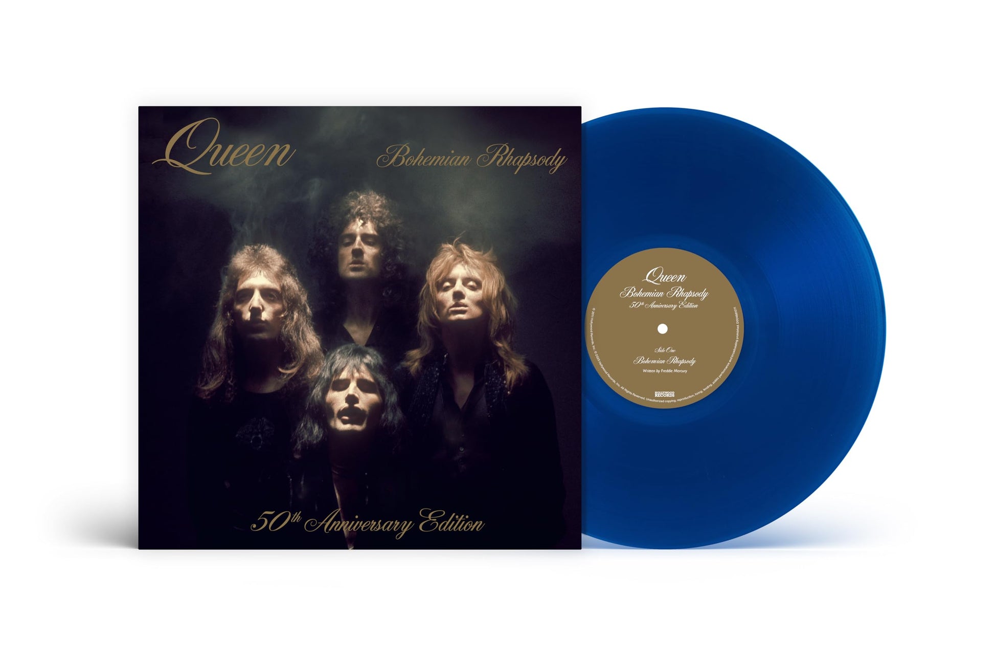 Queen Bohemian Rhapsody 50th anniversary edition album cover with a cobalt blue vinyl record.