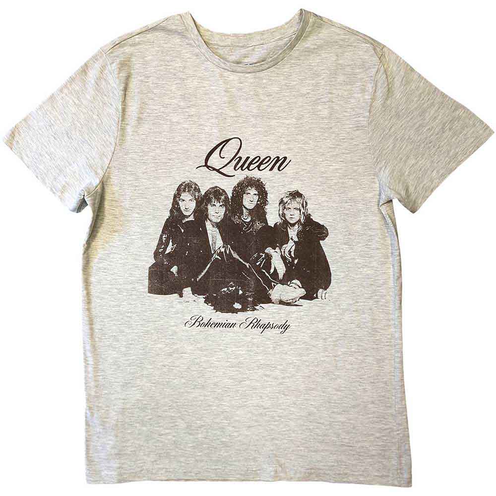Off-white t-shirt featuring a black and white portrait of the band Queen.