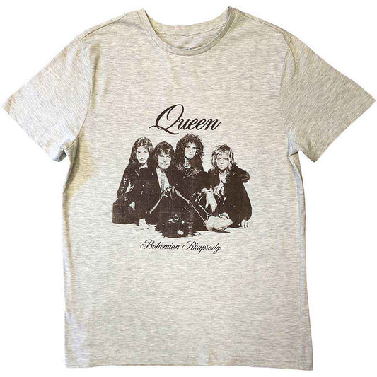 Off-white t-shirt featuring a black and white portrait of the band Queen.