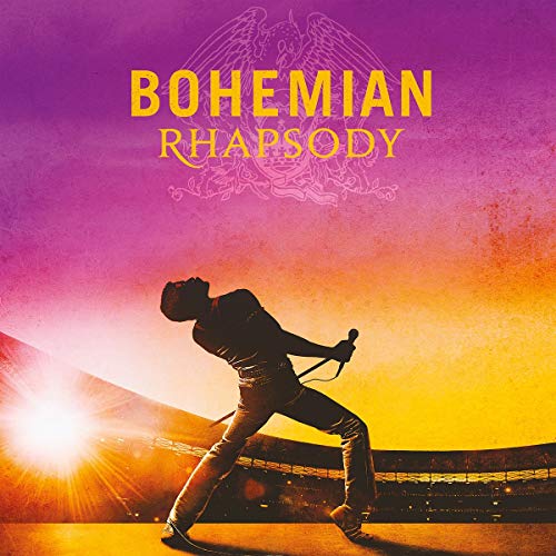 The image shows a man holding a microphone, with the words "Bohemian Rhapsody" above him. For accessibility purposes, a suitable alt text could be: "Silhouette of a man holding a microphone, against a purple and orange background."