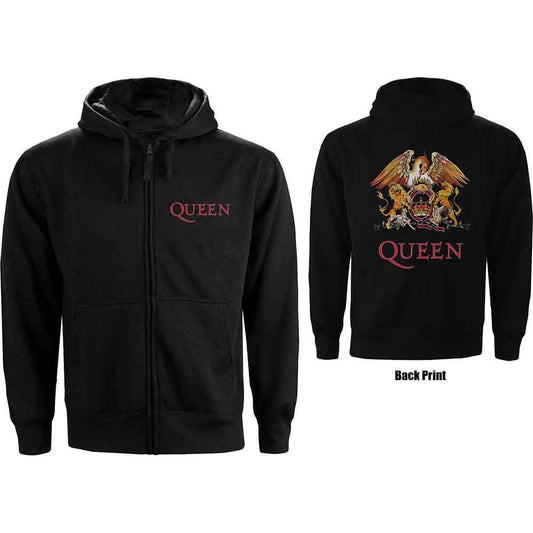 Black zip-up hoodie with Queen’s crest logo on the back and chest.