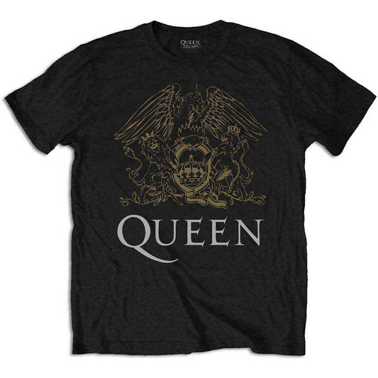 Small black t-shirt featuring Queen’s crest logo on the chest.