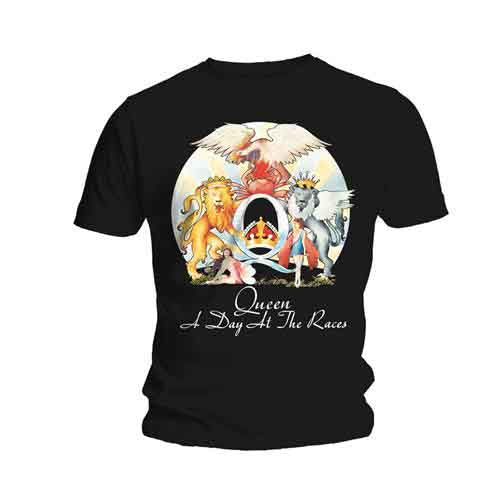 A man wearing a black Queen A Day at the Races t-shirt.