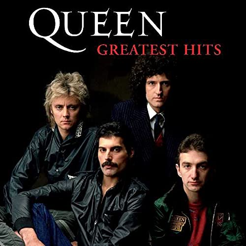 Queen’s “Greatest Hits” CD cover featuring portraits of the band members.