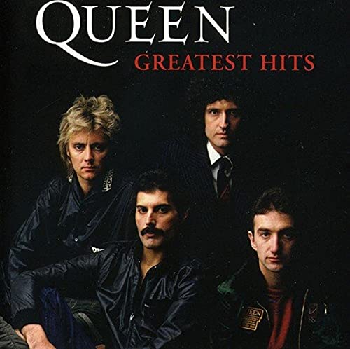 Queen’s “Greatest Hits” CD cover featuring portraits of the band members.