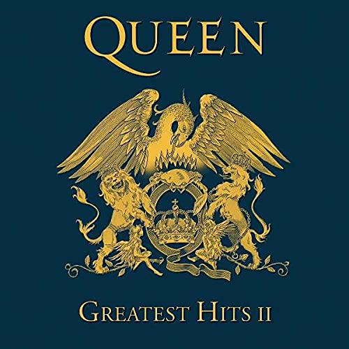 Queen’s “Greatest Hits II” CD cover with a gold crest on dark blue.