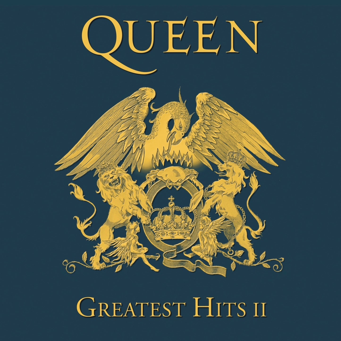 Queen’s Greatest Hits II album cover with a crest and lions in gold.
