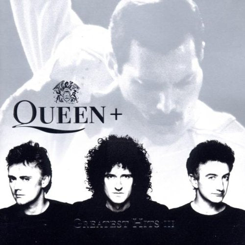 Queen’s “Greatest Hits III” CD cover with band members in black and white.