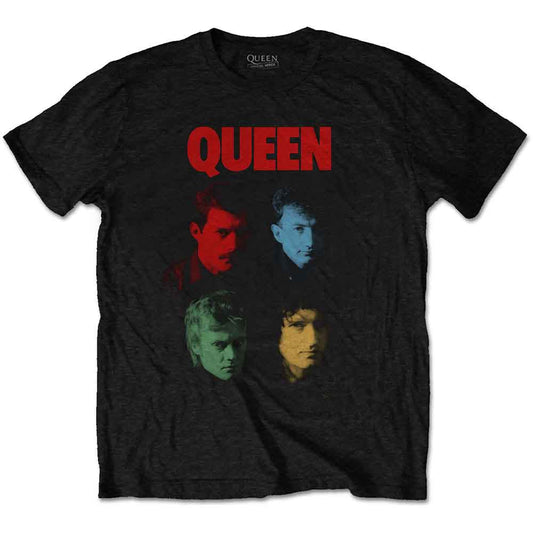 Black t-shirt featuring the Queen logo and portraits of band members in four colors.