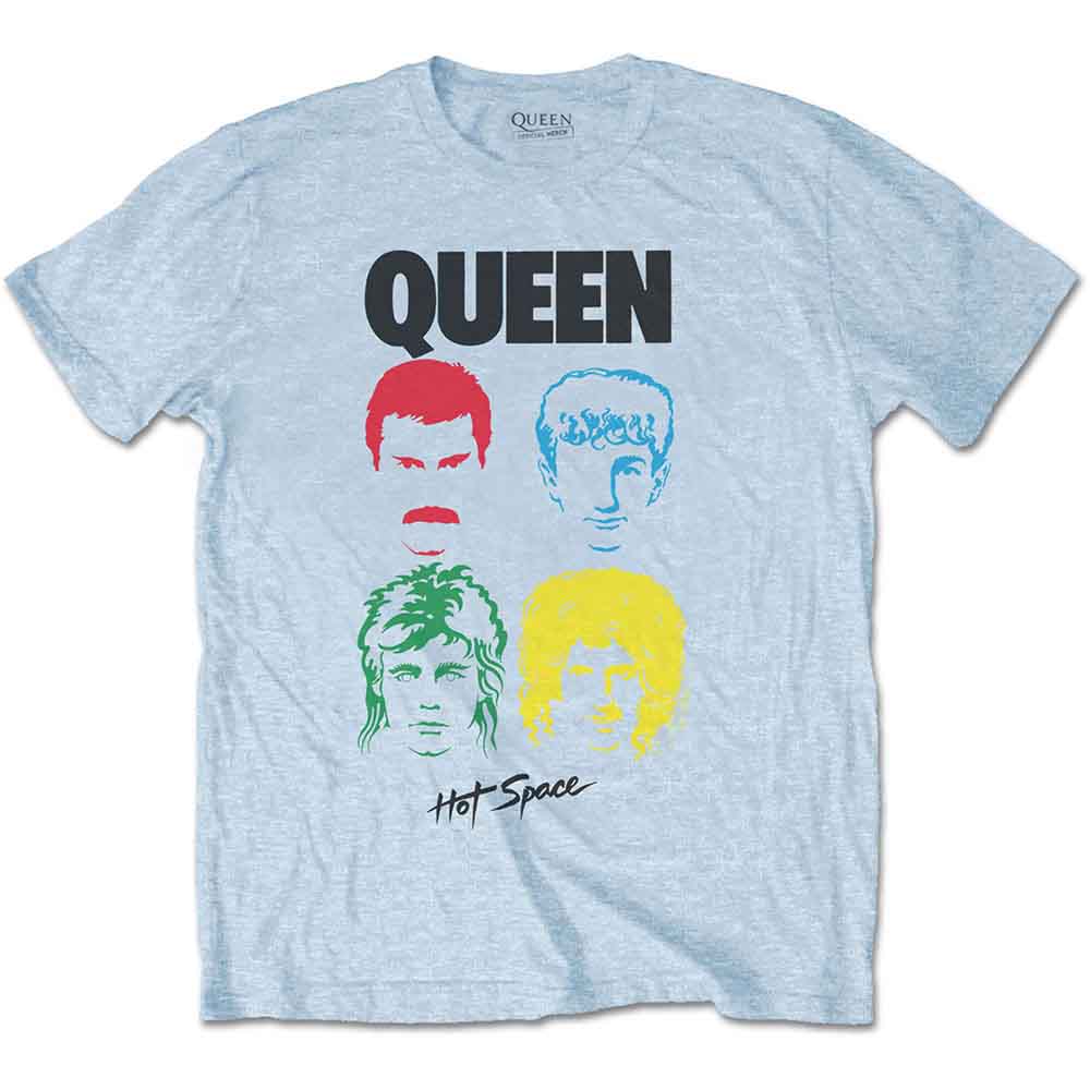 Light blue Queen t-shirt with band member portraits and logo.