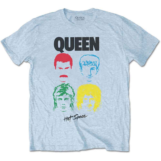 Light blue Queen t-shirt with band member portraits and logo.