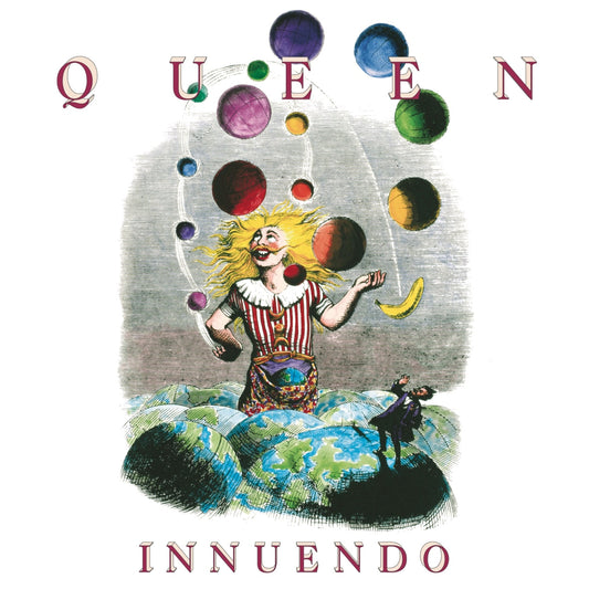 Queen’s “Innuendo” album cover: a clown juggling planets and a banana.