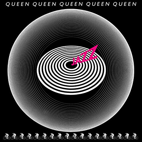 Queen’s “Jazz” CD cover: black background with swirling white lines and pink text.