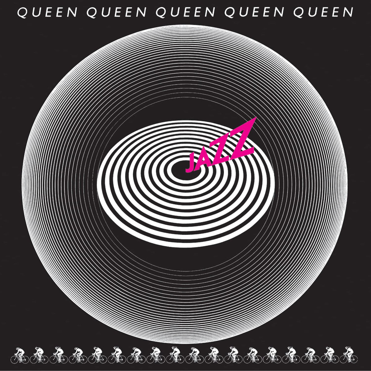 Queen’s “Jazz” vinyl album cover: spiral design with cyclists below.