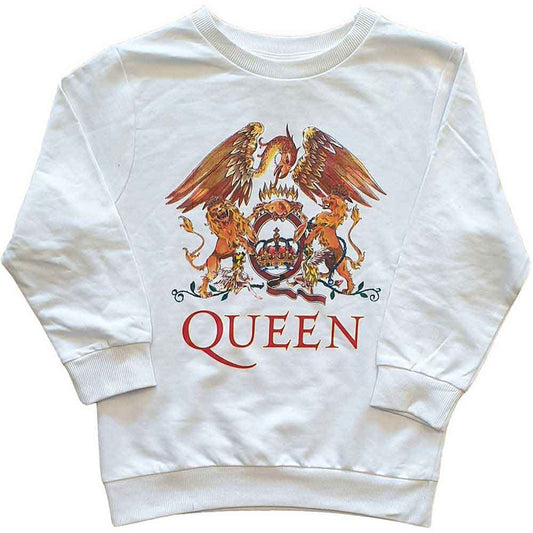 White kids' sweatshirt with the Queen band crest and logo.