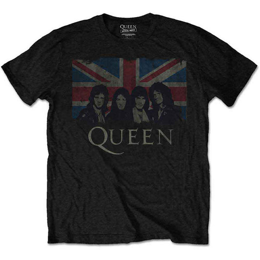 White t-shirt with Union Jack and Queen band member graphics.